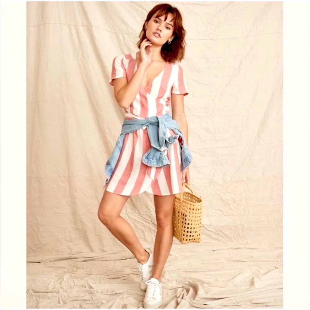 Marine Layer Frances Linen Blend Striped Wrap Mini Dress XS Pink White